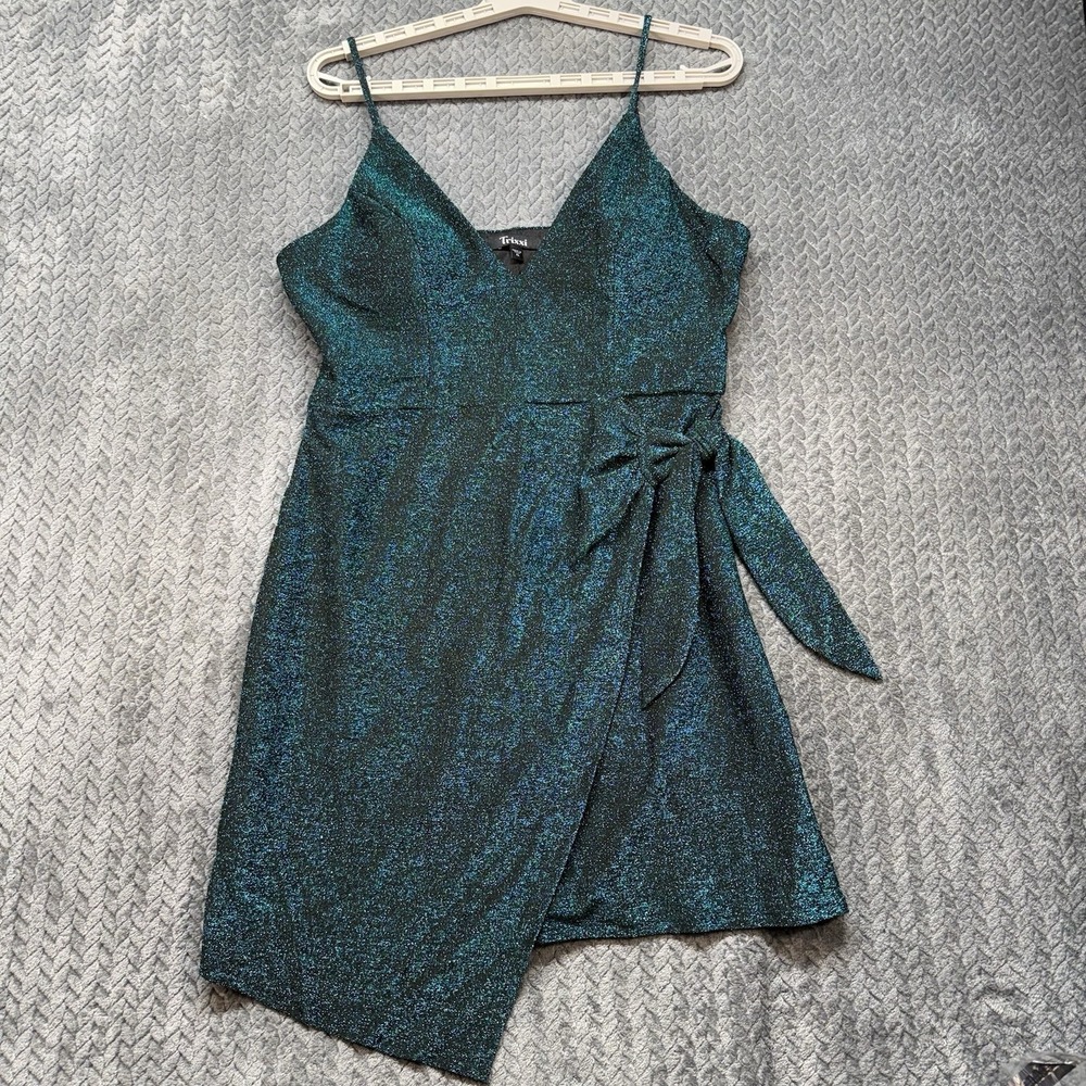 Trixxi Women's XL Teal Metallic Glitter Wrap Cocktail Party Dress Y2K Style